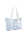 Light blue tote bag with white handles and visible branding on a white background