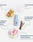 Bloomeffects serum bottle displayed with ingredient visuals including 5% squalane, 2% niacinamide, 3% brightening root blend, 1.5% prebiotic hydration complex, and proprietary Dutch tulip complex, highlighting moisturizing, clarifying, radiance-boosting, and barrier-strengthening benefits.