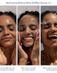 Multitasking makeup remover and milky cleanser product being used on a woman's face with text describing its use.