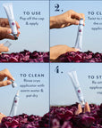 Four-panel instruction graphic showing how to use a white cryo applicator tube: pop off the cap and apply, twist to release cryo, rinse with warm water and pat dry, and store. Hands are visible holding the tube over a bed of deep purple flowers against a pale blue sky.
