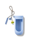 Blue keychain case with a carabiner and charms on a white background