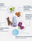 Infographic showing Bloomeffects Black Tulip Regenerative Serum surrounded by ingredient callouts: Exosomic Peptides to boost elasticity and firmness, Dutch Bulb Regenerative Complex to regenerate and repair, Proprietary Black Tulip Complex to smooth and firm, 10.5% Brightening Complex to brighten and target dark spots, and Drone Tech Copper Peptides to target fine lines and wrinkles.