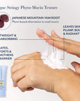 Bloomeffects Royal Tulip Elevate Crème stretching in white strings between fingers and the back of a hand, showing its unique stringy phyto-mucin texture. Callouts read: Japanese mountain yam root, a plant-based alternative to snail mucin; lightweight and fast-absorbing; hydrates, comforts and strengthens skin barrier; leaves skin plump, bouncy and radiant.