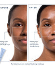 Before and after close-up of a woman's face with Bloomeffects Royal Tulip Dew Drops Plumping Glow Serum. Before: makeup looks cakey and skin looks dry and rough. After: makeup looks natural and skin looks hydrated, dewy and glowing. Caption reads "For dewier, more natural looking makeup."