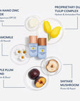 Bloomeffects SPF 50 sunscreen bottles displayed with ingredient visuals including non-nano zinc oxide, proprietary Dutch tulip complex, chamomile, triple plum blend, and shiitake mushroom, highlighting broad spectrum SPF 50 protection, hydration, brightening, and antioxidant benefits.