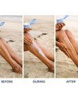 Three photos of application before during and after on a models lower leg.