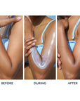Three photos of application before during and after on a models lower leg.