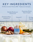 Key Ingredients... 2% Niacinamide (Vitamin B3) + Hyaluronic Acid plus... 3% Chinese Root Blend, 2% Kakadu PLum (Vitamin C) Shiitake Mushroom (Vitamin D), Vitamin E, Proprietary Dutch Tulip Complex, 5% Vegan Squalane.