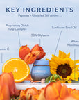 KEY INGREDIENTS. Peptides + Upcycled Silk Amino...Proprietary Dutch Tulip Complex, Vitamin C, 30% Glycerin, Sunflower Seed Oil, White Horehound