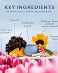 Key Ingredients 14% AHA Complex + Prebiotic Yogurt Blend plus... Proprietary Dutch Tulip Complex, Vitamin C, Red Sea Salt Crystals, Sunflower, Grape, Jojoba and Moringa Seed Oil, Pomegranite enzymes