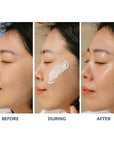 Three photos of application before during and after on a models face.