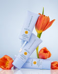 Three bottles of Bloomeffects Elevate with orange tulips on a light background