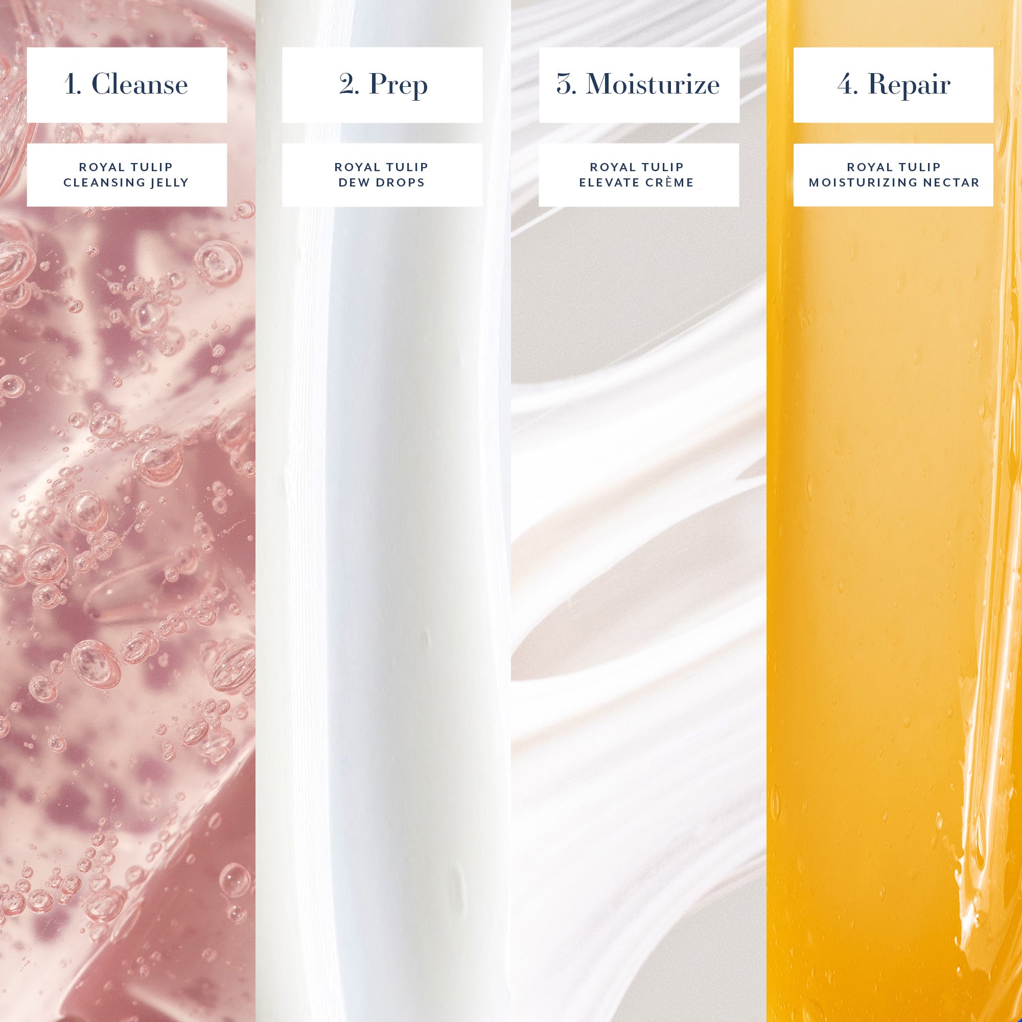 Swatches with labels for 'Cleanse', 'Prep', 'Moisturize', and 'Repair' on a white background.