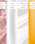 Swatches with labels for 'Cleanse', 'Prep', 'Moisturize', and 'Repair' on a white background.