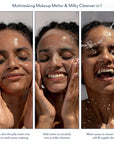 Multitasking makeup remover and milky cleanser product being used on a woman's face with text describing its use.