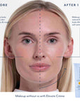Before and after comparison of makeup and skin texture with Elevate Crème, showing a tube of the product on a white background.