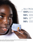 Model applying Bloomeffects Moisturizing Nectar cream with jar visible, alongside text stating that after 2 weeks 100% said skin felt moisturized, 98% said skin felt deeply hydrated, 98% said skin felt softer, and 98% said skin felt nourished, based on a third-party study of 60 women over 4 weeks.