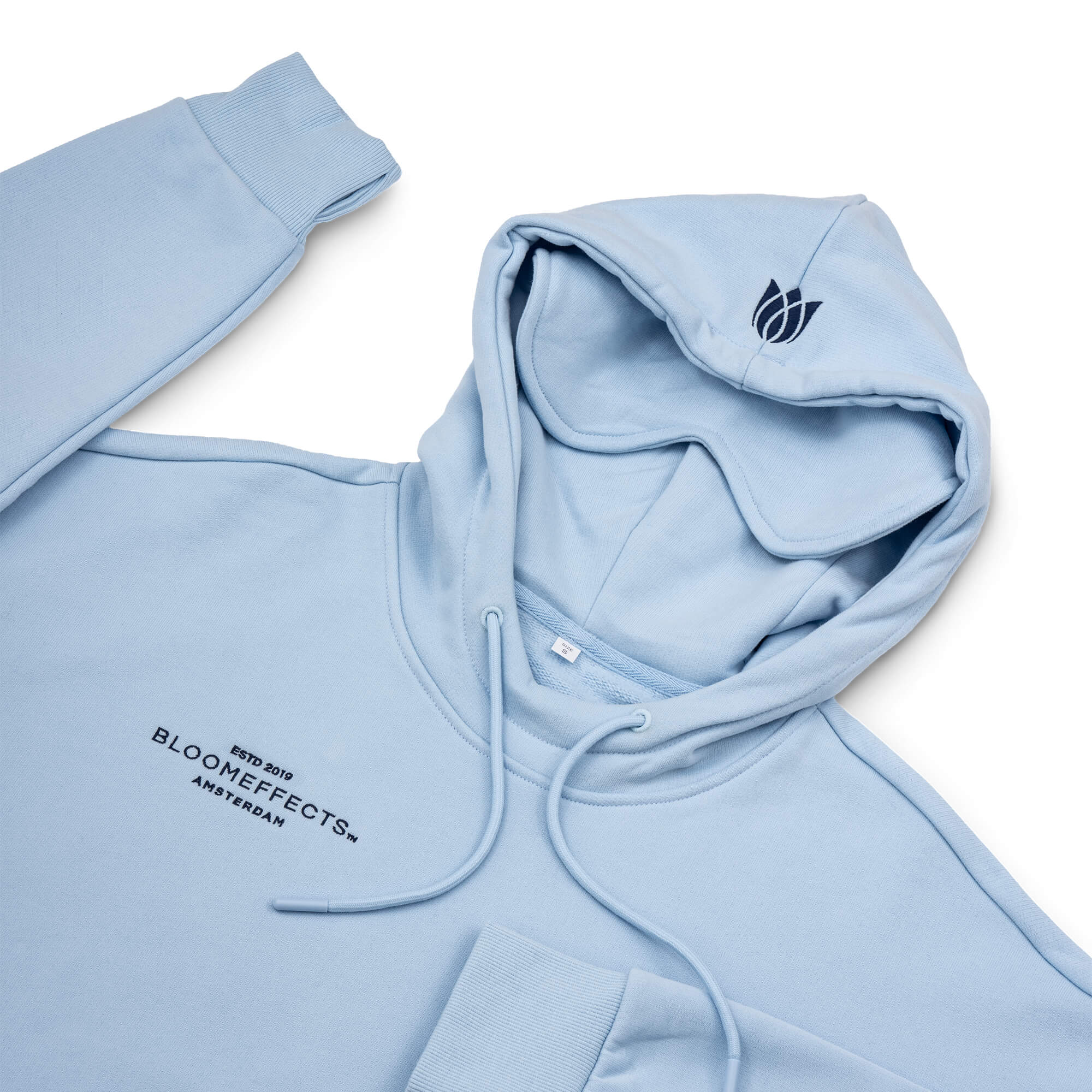 Light blue hoodie with Bloomeffects logo on a white background