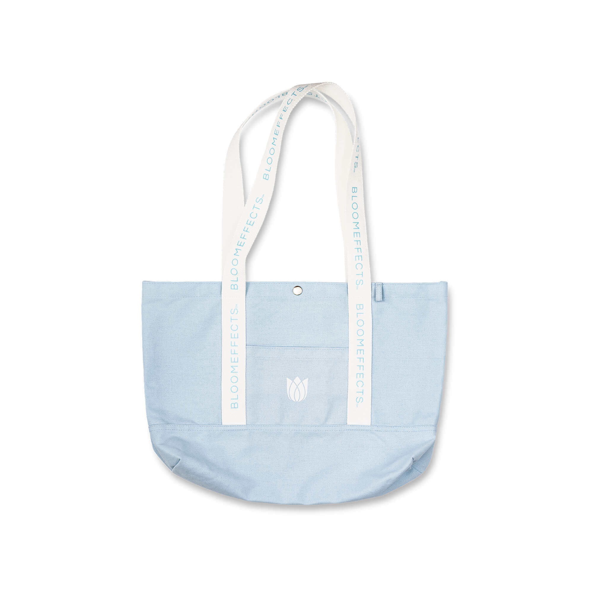 Light blue tote bag with white handles on a white background