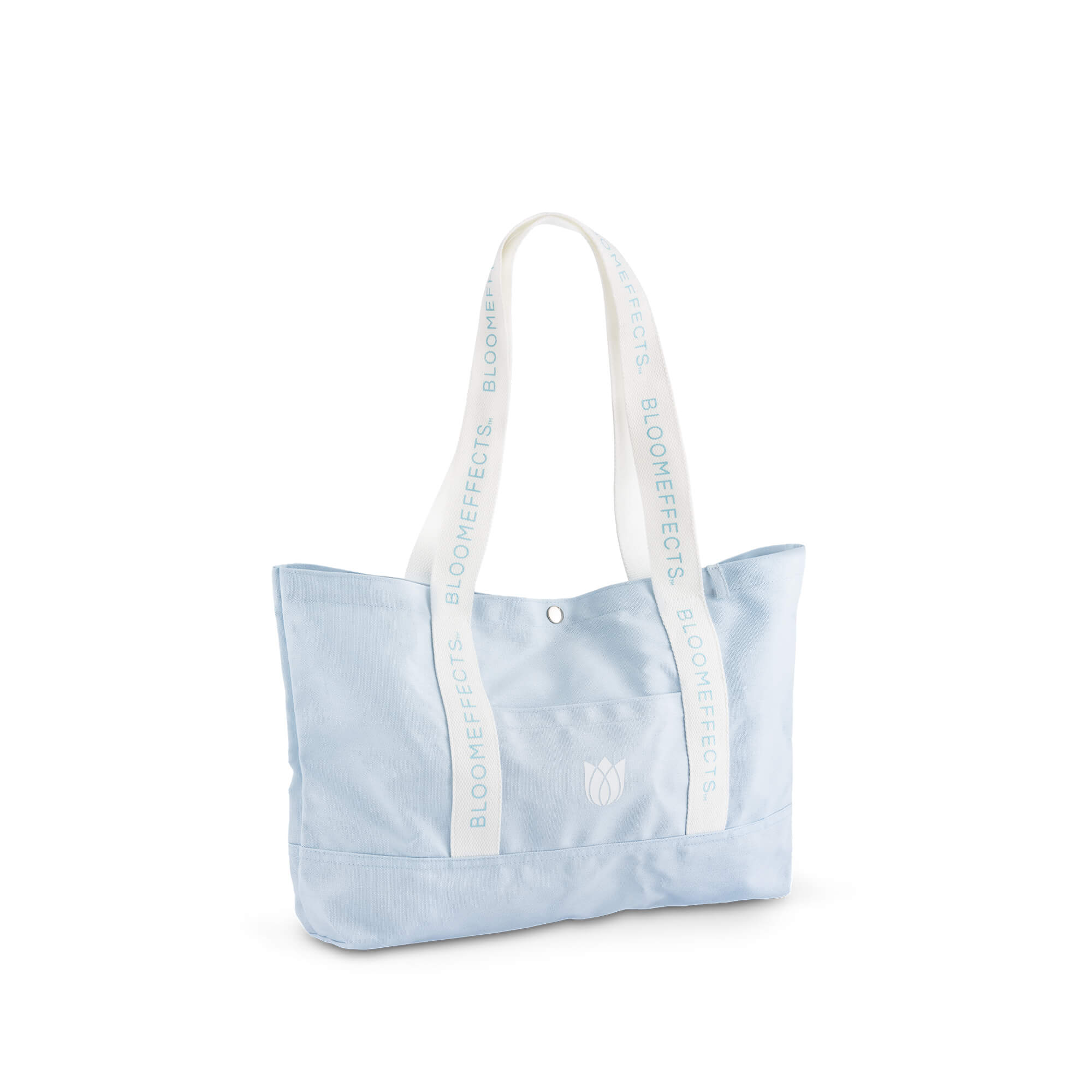 Light blue tote bag with white handles and visible branding on a white background