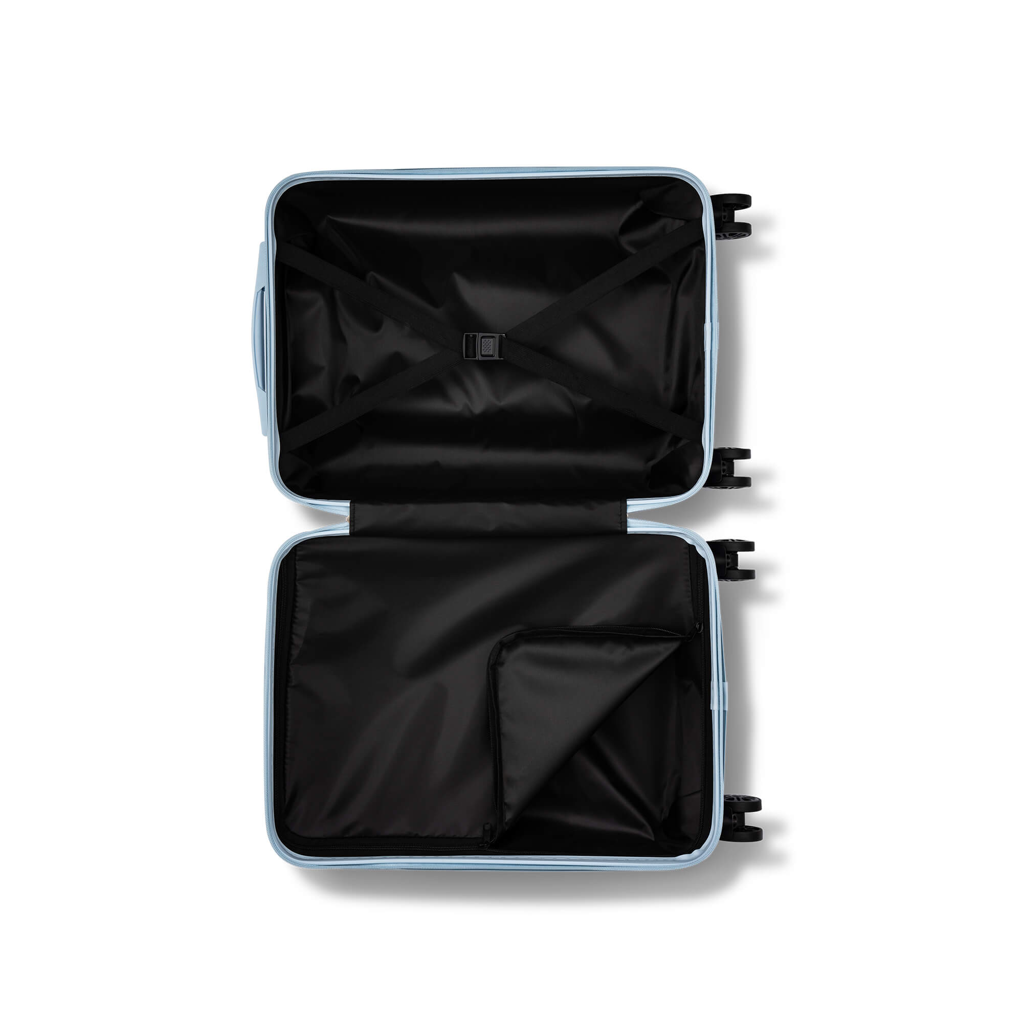 Open suitcase with black interior on a white background