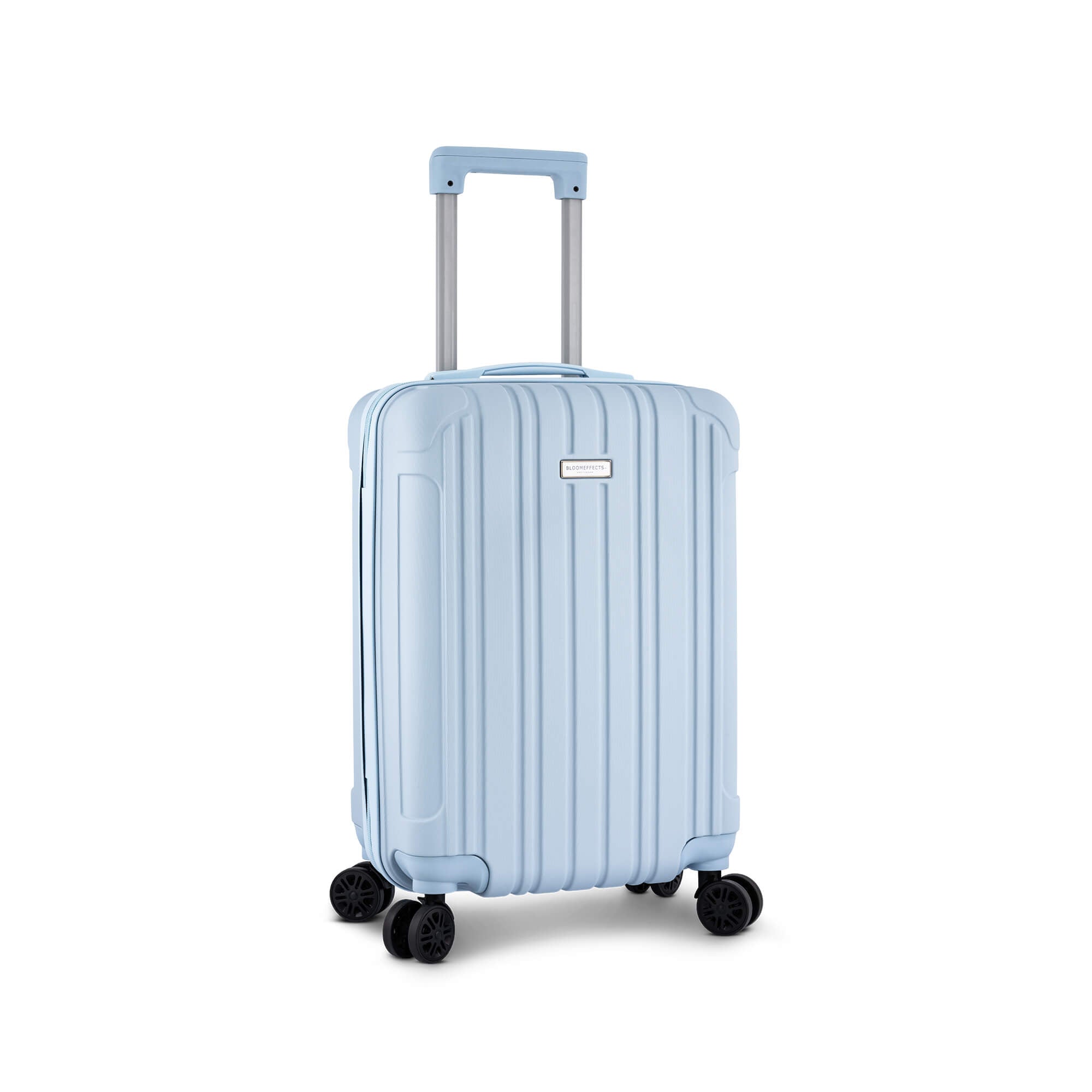 Light blue suitcase with wheels on a white background