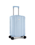 Light blue suitcase with wheels on a white background