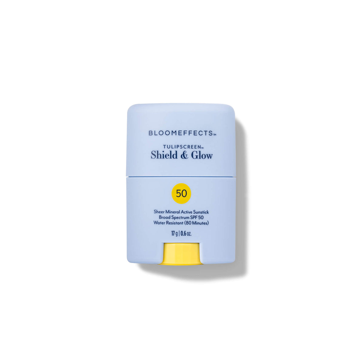 Bloomeffects Tulipscreen Shield & Glow Sheer Mineral Active Sunstick, Broad Spectrum SPF 50, Water Resistant 80 Minutes, 17g / 0.6 oz, on a white background