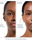 Before and after comparison of a woman's face with makeup and skin texture highlighted.
