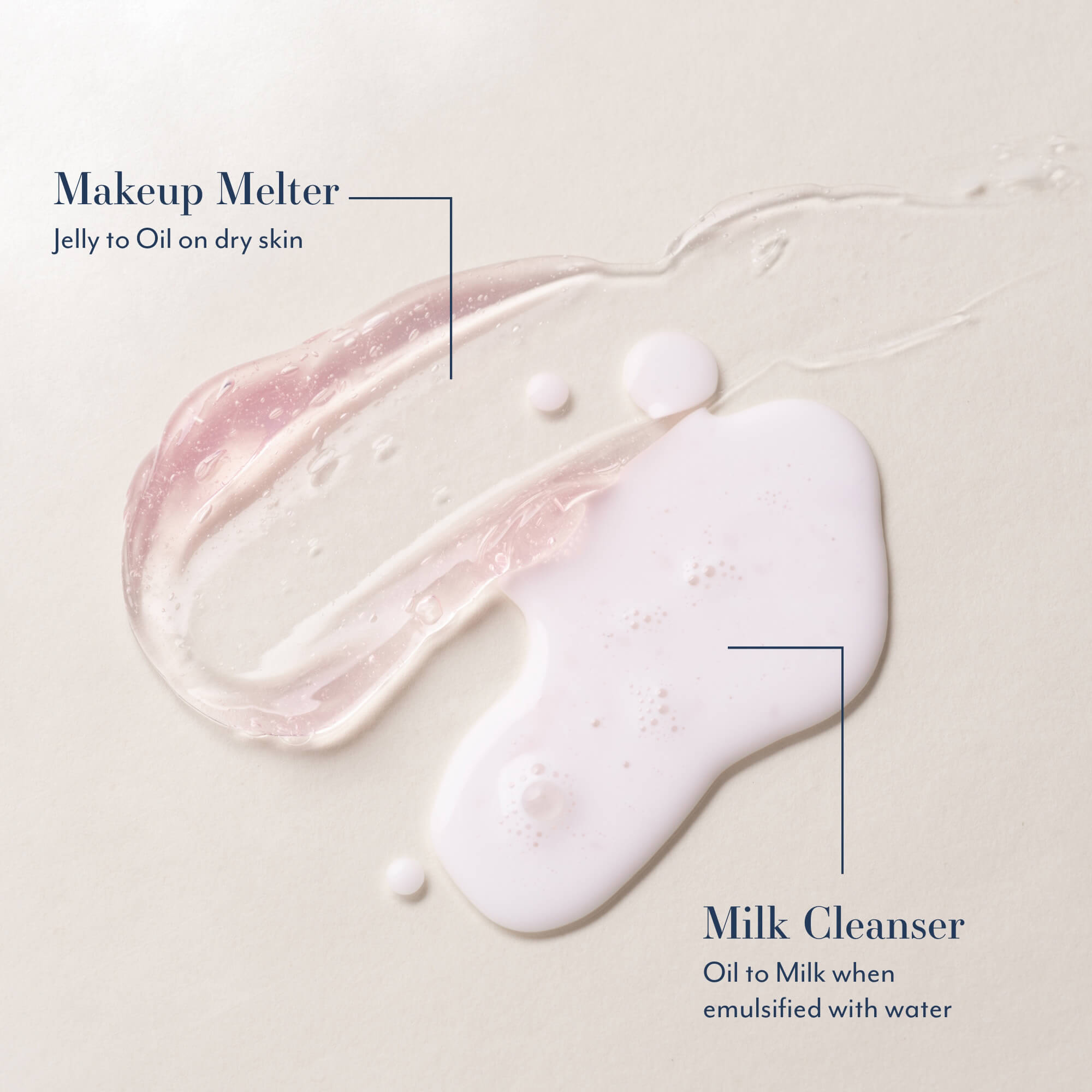 Two different textures of skincare product on a light background with labels.