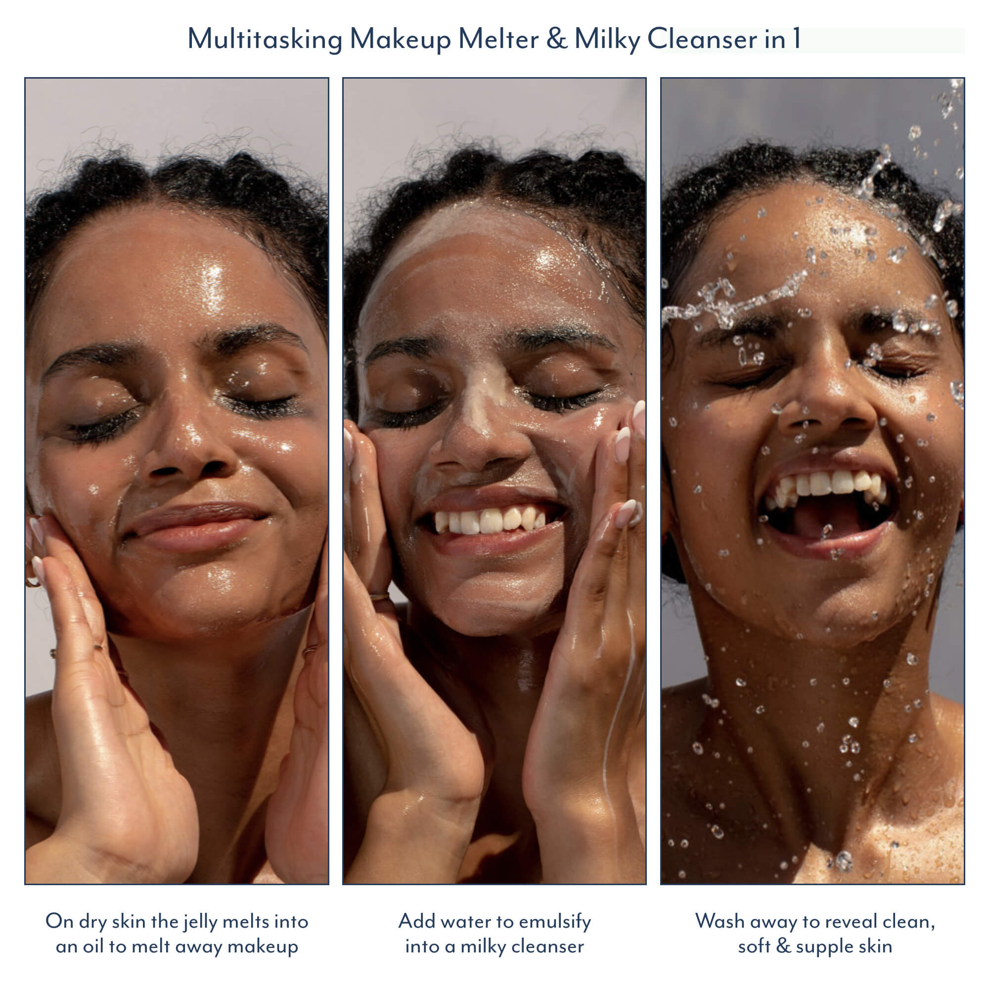 Multitasking makeup remover and milky cleanser product being used on a woman's face with text describing its use.