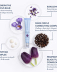 A skincare tube labeled BLOOMEFFECTS Regenerative Crocus Bulb sits in the center of a white infographic layout with ingredient callouts and photos of purple crocus flowers, black tulip powder, and dark coffee beans.