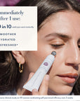 Close-up of a woman applying a small white skincare tube to her eye area, with text on the left reading 'Immediately after 1 use: 9 in 10 said eyes were instantly smoother, hydrated, refreshed'.