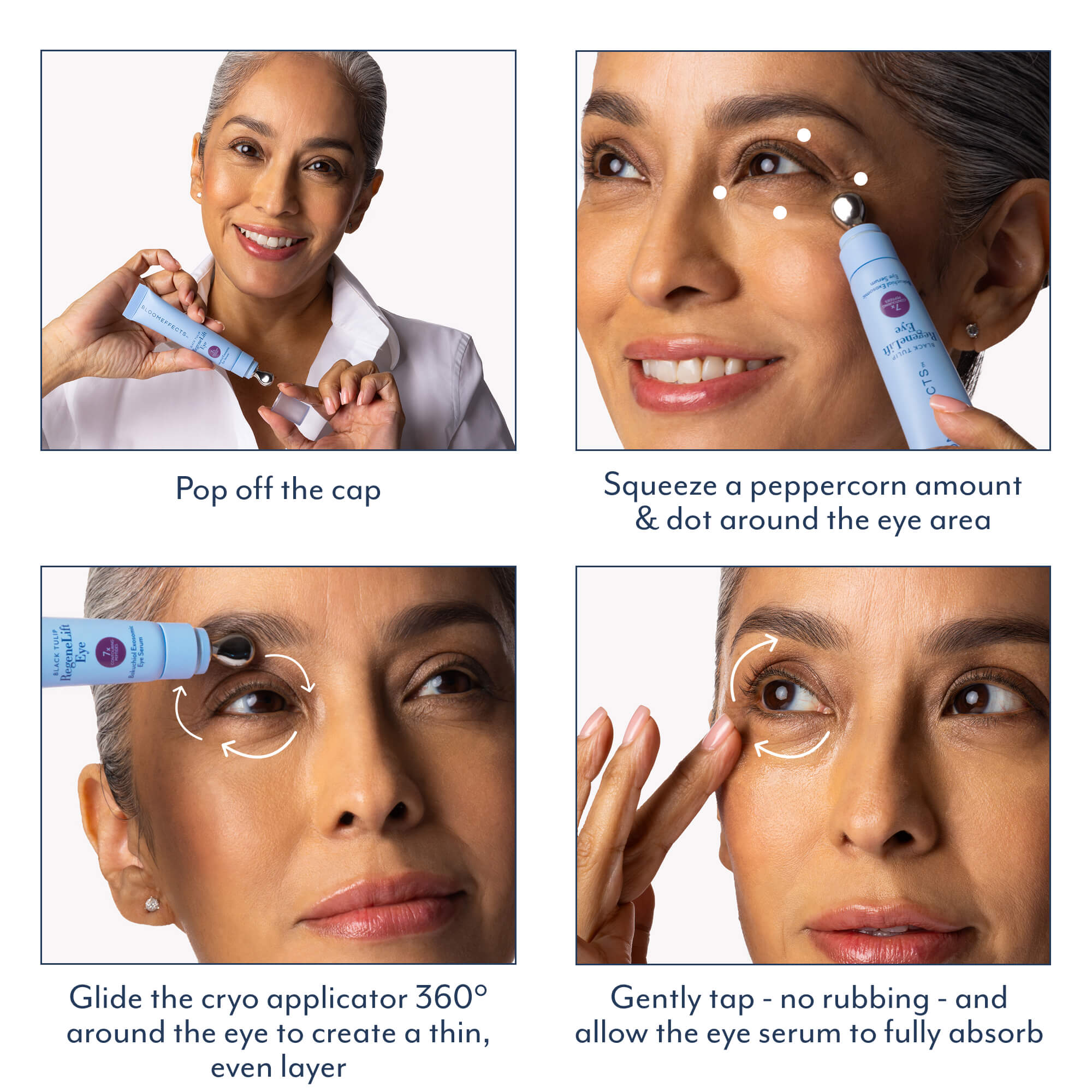 Four-panel skincare instruction graphic showing a woman applying a blue eye serum tube. Text reads: 'Pop off the cap,' 'Squeeze a peppercorn amount &amp; dot around the eye area,' 'Glide the cryo applicator 360° around the eye to create a thin, even layer,' and 'Gently tap - no rubbing - and allow the eye serum to fully absorb.