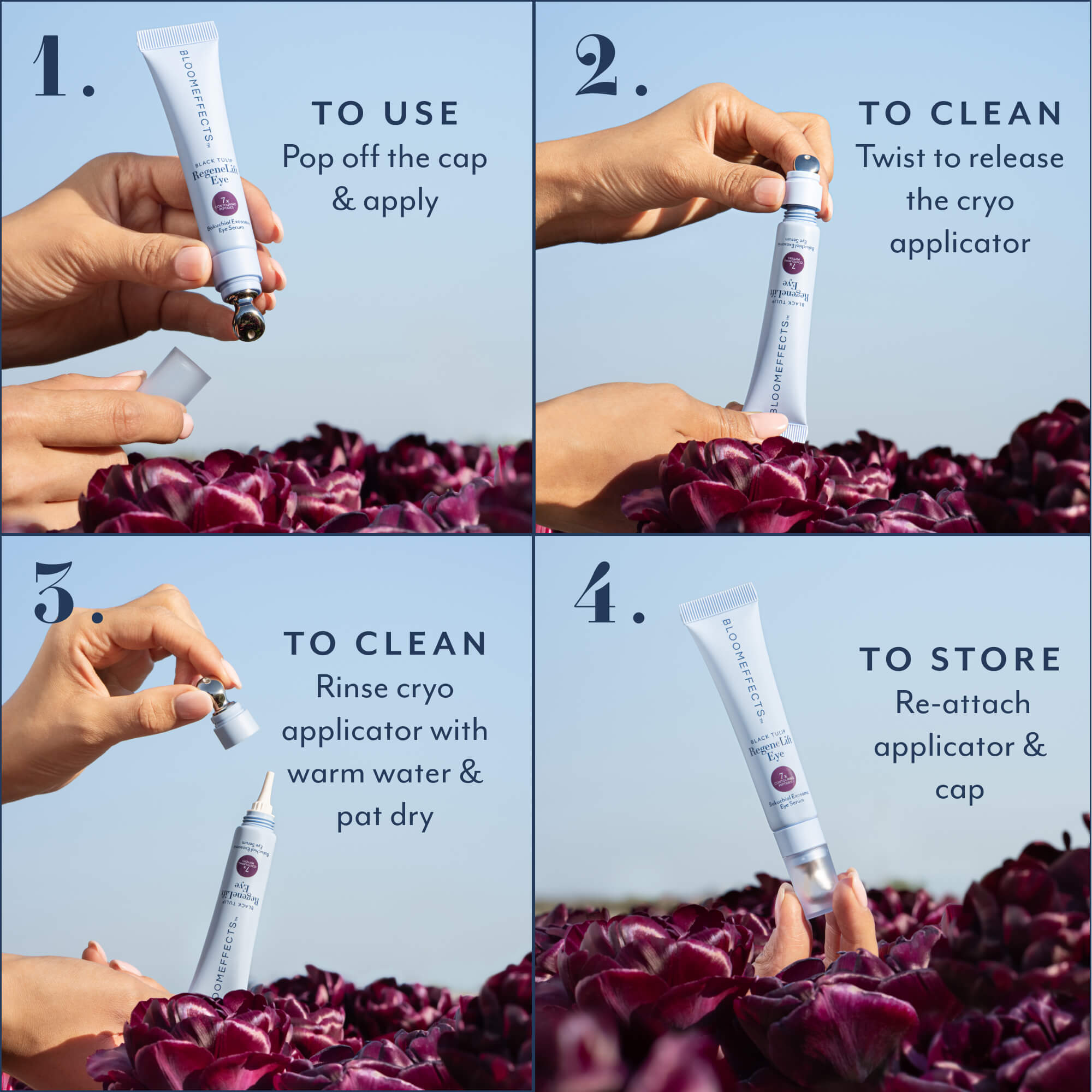 Four-panel instruction graphic showing how to use a white cryo applicator tube: pop off the cap and apply, twist to release cryo, rinse with warm water and pat dry, and store. Hands are visible holding the tube over a bed of deep purple flowers against a pale blue sky.