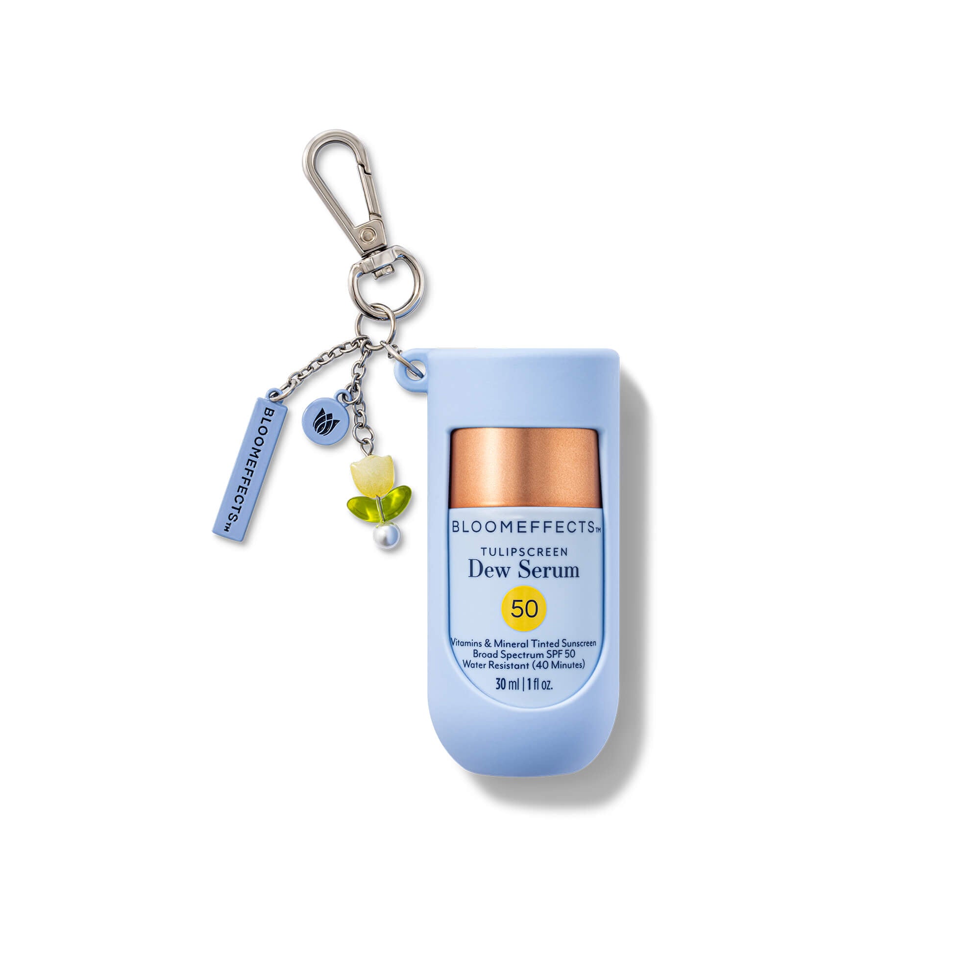 Bloomeffects Dew Serum bottle with keychain on a white background