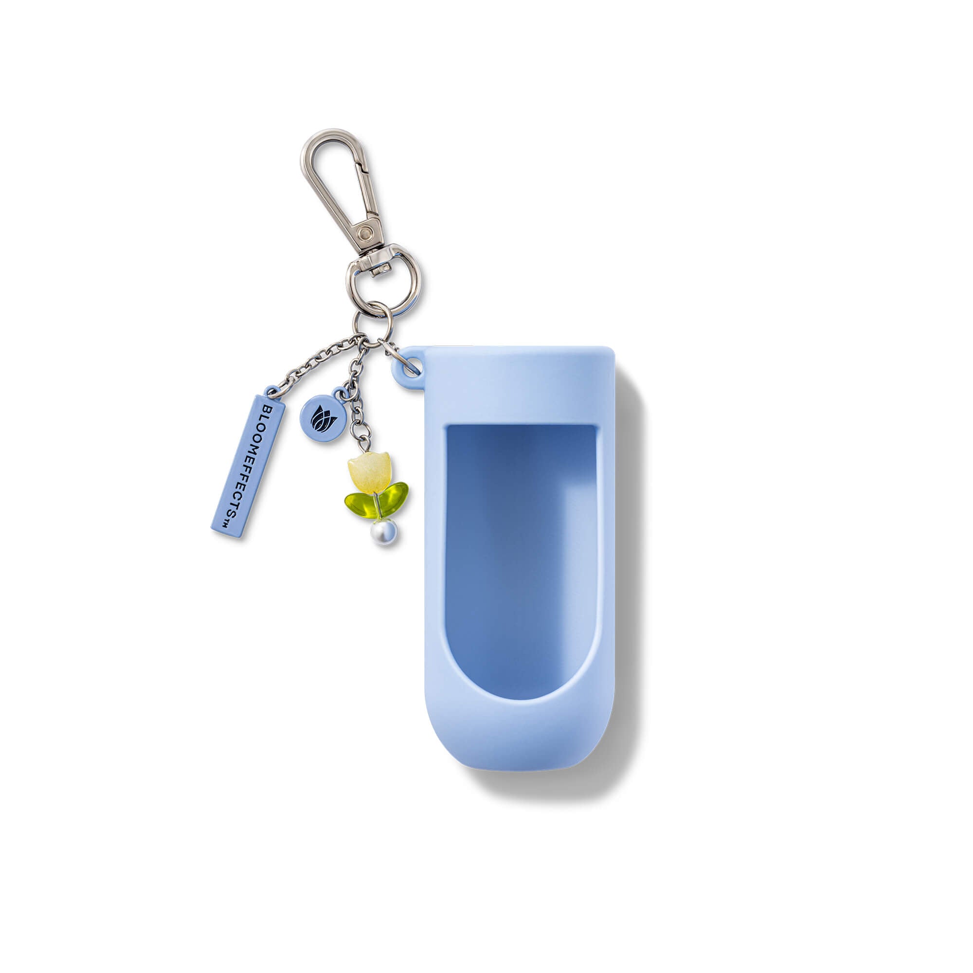 Blue keychain case with a carabiner and charms on a white background