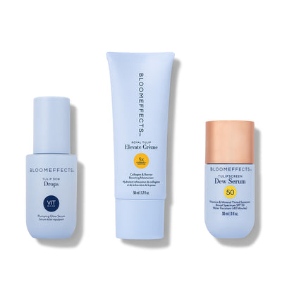 Three skincare products from Bloomeffects on a white background