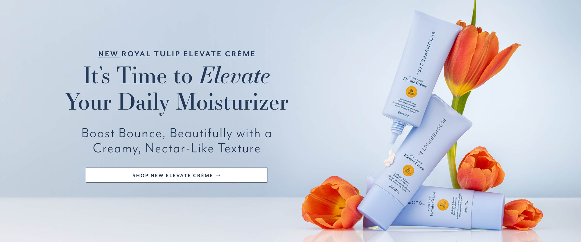 NEW ROYAL TULIP ELEVATE CRÈME
It's Time to Elevate
Your Daily Moisturizer
Boost Bounce, Beautifully with a
Creamy, Nectar-Like Texture
SHOP NEW ELEVATE CRÈME