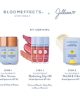 Bloomeffects Amsterdam x Jillian kit contains three-step suncare routine. Step 1 Tulipscreen Dew Serum SPF 50, choice of Glow or Bronze. Step 2 Tulipscreen Hydrating Lip Oil SPF 40+, shades Barely, Tulipy Pink or Mauve Moment. Step 3 Tulipscreen Shield and Glow SPF 50 mineral active sunstick.