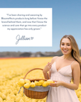 Jillian standing in a blooming tulip field holding a basket of yellow tulips, with quote about long-time love for Bloomeffects and appreciation for the science and care behind the products.