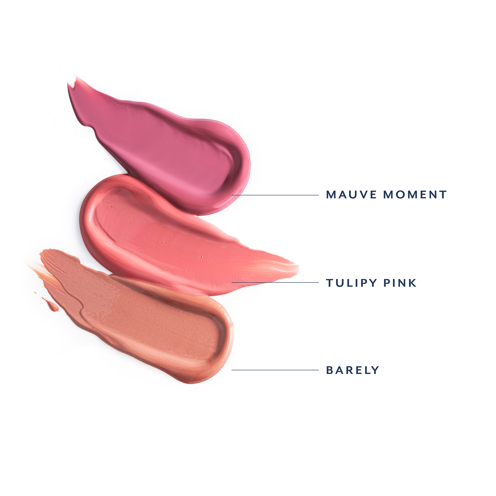 Tulipscreen Hydrating Lip Oil SPF 40+ swatches showing three shades: Mauve Moment, Tulipy Pink, and Barely.