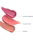 Tulipscreen Hydrating Lip Oil SPF 40+ swatches showing three shades: Mauve Moment, Tulipy Pink, and Barely.