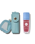 Lip balm with a blue case and pink lip balm on a white background