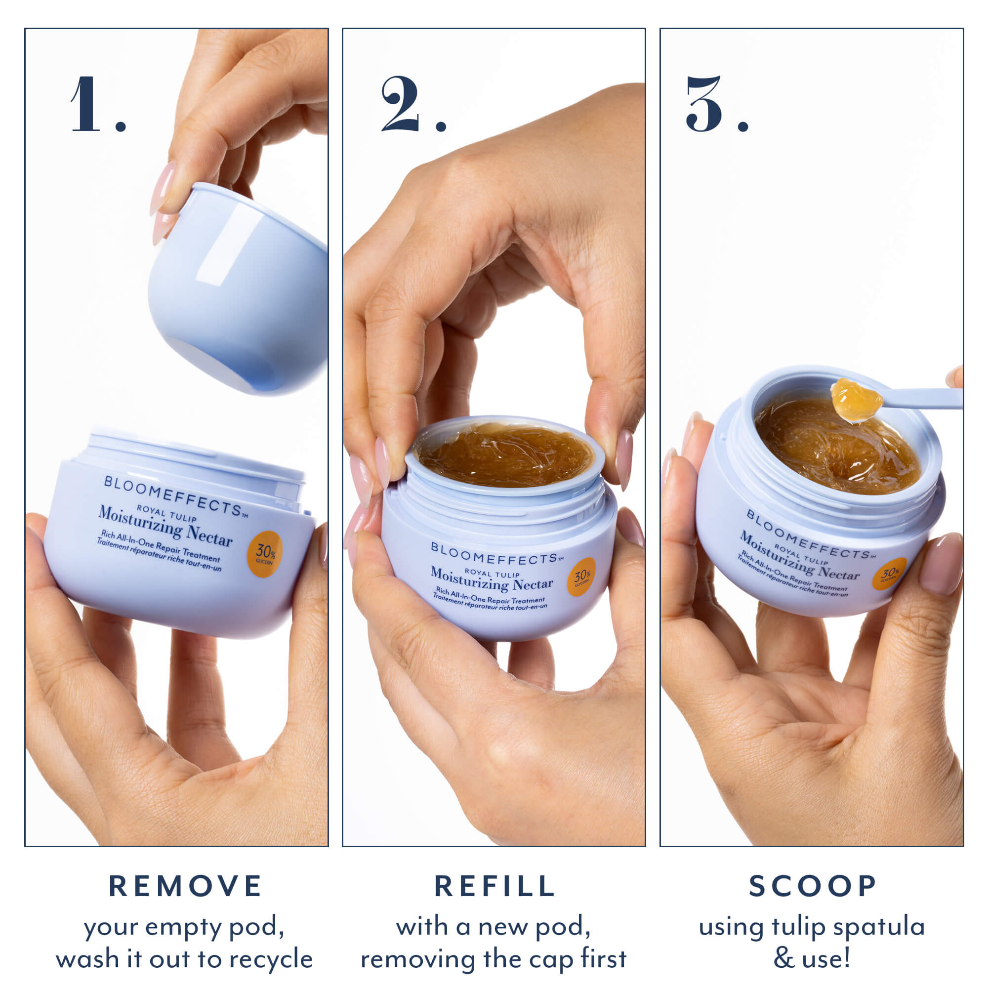 Royal Tulip Moisturizing Nectar refill instructions shown in three steps: 1. Remove the empty inner pod from the Bloomeffects jar and wash to recycle. 2. Insert a new refill pod after removing the cap. 3. Scoop the amber gel moisturizer using the tulip spatula and apply.