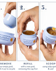 Royal Tulip Moisturizing Nectar refill instructions shown in three steps: 1. Remove the empty inner pod from the Bloomeffects jar and wash to recycle. 2. Insert a new refill pod after removing the cap. 3. Scoop the amber gel moisturizer using the tulip spatula and apply.