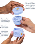 Three hands holding the lid, refill pod and reusable jar of Bloomeffects Royal Tulip Moisturizing Nectar. Text reads "Save & Conserve. This jar is designed to be reused! Purchase a new refill pod and save." Steps: 1. Remove the empty pod from the reusable jar. 2. Quick rinse, then recycle. 3. Remove the cap from the new pod and lock in place.