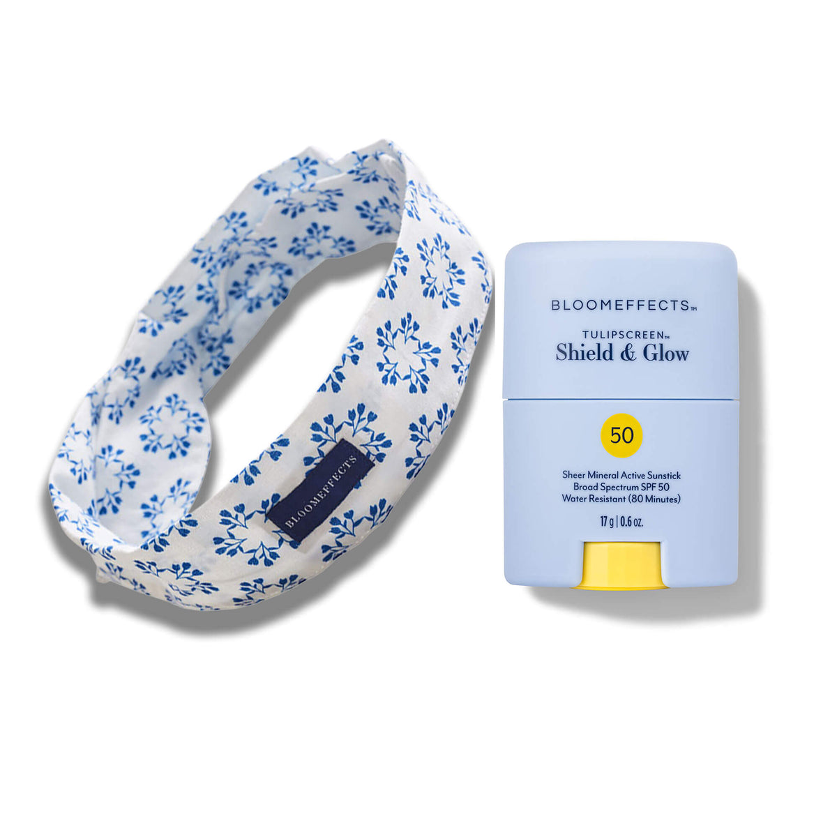 Bloomeffects white headband with blue tulip print beside Bloomeffects Tulipscreen Shield & Glow Sheer Mineral Active Sunstick, Broad Spectrum SPF 50, Water Resistant 80 Minutes, 17g / 0.6 oz