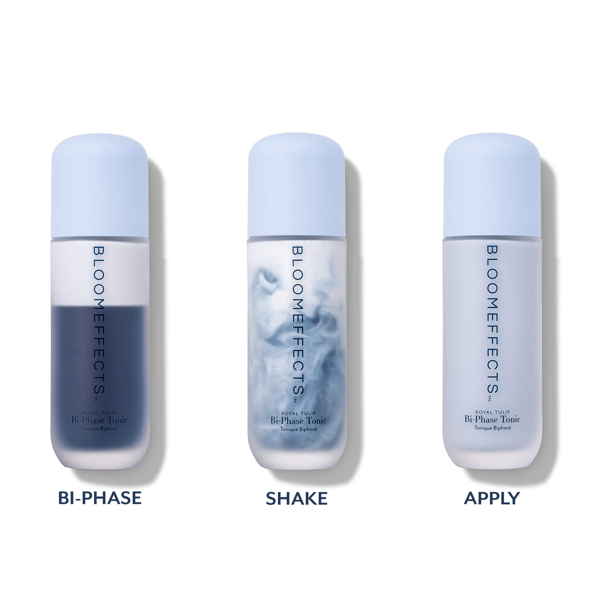 Three bottles of Bloomeffects Bi-Phase Toner on a white background showing the three stages - Bi-Phase, Shake &amp; Apply