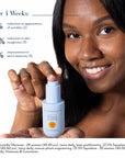 Model holding Bloomeffects Vitamin C Facial Oil bottle with text stating that after 4 weeks there was a 51% reduction in the appearance of wrinkles, 28% reduction in skin roughness, and 10% improvement in skin elasticity, based on clinical testing noted in the footnotes.